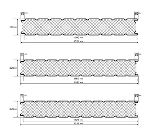 Сэндвич панели стеновые с пенополиизоциануратом, ширина 1000 мм, толщина 300 мм, 0.5/0.5, дуб
