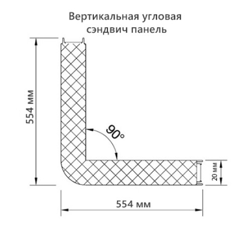 Угловая сэндвич-панель вертикальная из пенополиуретана, 0.5/0.5, ширина 1000 мм, толщина 20 мм, RAL2004